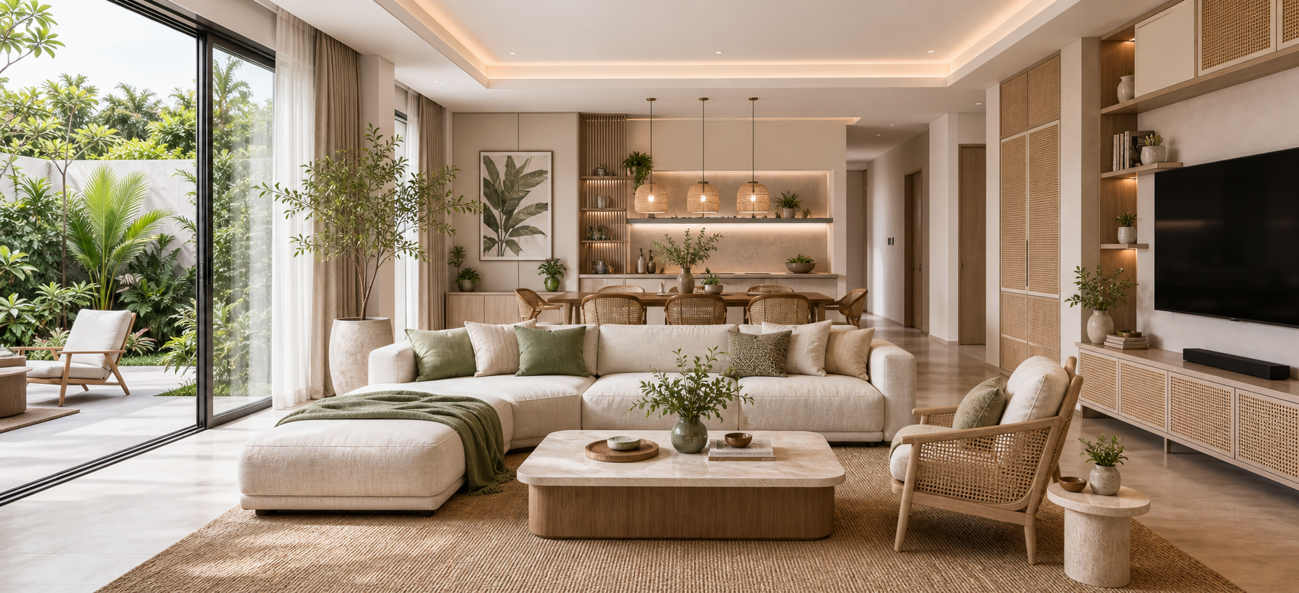 Warm living room prepared with coordinated interior supply materials